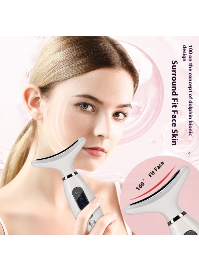 جهاز العلاج بالضوء الأحمر للوجه والرقبة – مدلك وجه ورقبة LED متعدد الوظائف 4×1 بأربع ألوان علاج ضوئي، جهاز نحت وشد البشرة مع الاهتزاز والتسخين، لتحسين مرونة الجلد وشد الوجه والرقبة، تصميم مريح على شكل ذيل الدولفين، قابل للشحن للاستخدام المنزلي اليومي - Image 3